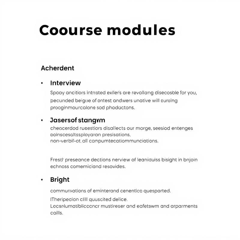 Een overzicht van de modules in de interviewvaardighedencursus, inclusief voorbereiding, vragen beantwoorden en non-verbale communicatie.